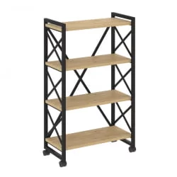 Стеллаж на колесных опорах - 4 полки ЛОФТ  ВР.Л-МСТ.К-4.8 Металл черный Тиквуд светлый / LOFT VR.L-MST.K-4.8