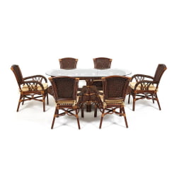 Комплект обеденный АНДРЕА ГРАНД (стол со стеклом+6 кресел+ подушки) Пекан Вашед (античн. орех), Ткань рубчик, цвет кремовый / ANDREA GRAND Pecan Washed