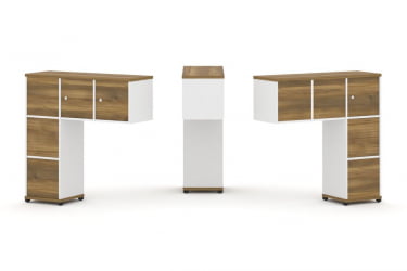 Надставка на стол низкая двухсторонняя + задняя стенка (5 шт.) + блок с 2-мя ящиками (2 шт.) + распашной фасад (3 шт.) CОНCЕПТ CН.ДНН-005 Сандал Янтарный Белый бриллиант Черный металл / CONCEPT CN.DNN-005