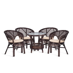 Комплект ПЕЛАНГИ 02/15 ( стол со стеклом + 4 кресла ) [с подушками] ротанг, кресло 65х65х77см, стол диаметр 64х61см, валнут (грецкий орех) / PELANGI walnut