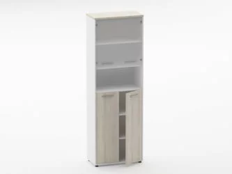 Шкаф 5 широкий  верх стеклянная дверь, низ закрытый, с нишей Дека 10.23.201 Дуб Сантана светлый/Белый / Deka