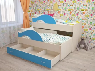 Выдвижная кровать для двоих детей РАДУГА Без ящика Дуб млечный / Голубой