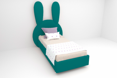 Детская кровать &куот;Зайка&куот; с ортопедическим основанием Цвет фасада: Бирюзовый; Цвет корпуса: Бирюзовый; Материал фасада: Металл/Велюр; Размер: 1200х2000 мм; Спальное место: 1200х2000 мм / "Зайка"