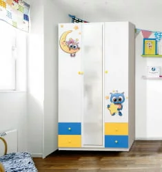 Синий шкаф с ящиками и фотопечатью Совята 3.2 Белый/Ярко-розовый/Синий