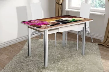 Стол нераздвижной с ящиком 1,2 Победа, СТЕКЛО, опоры полуовал ХРОМ, Беленый дуб/Р006 / дуб/R006