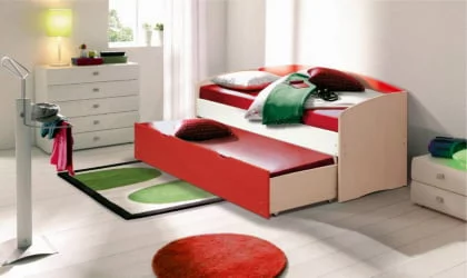 Кровать детская выдвижная Дуб молочный/Синий/Малиновый матовый