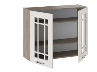 Шкаф навесной со стеклом Одри В_72-90_2ДРс Дуб Сонома трюфель/Бежевый шелк