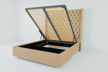 Мягкая интерьерная кровать &куот;Версаль Люкс&куот; с подъемным механизмом Материал фасада: Искусственная кожа; Спальное место: 2000х2000 мм; Цвет фасада: Бежевый; Цвет корпуса: Бежевый / "Версаль Люкс"