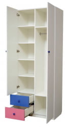 Шкаф 2-х дверный комбинированный с ящиками, зеркалом и фотопечатью Совята 2.1 Белый/Ярко-розовый/Синий