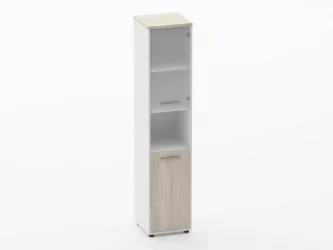 Шкаф 4 узкий верх стеклянная дверь, низ закрытый, с нишей Дека 10.19.18Пр Дуб Сантана светлый/Белый / Deka