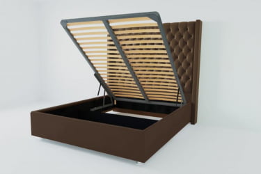 Мягкая интерьерная кровать &куот;Версаль Люкс&куот; с подъемным механизмом Материал фасада: Искусственная кожа; Спальное место: 1400х2000 мм; Цвет фасада: Коричневый; Цвет корпуса: Коричневый / "Версаль Люкс"