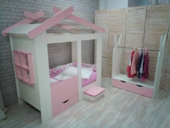 Кровать Теремок без ящика Белая-Розовая