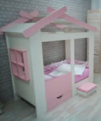 Кровать-домик Теремок с ящиком и ступенькой Белая-Розовый