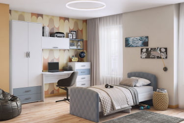 Детская кровать Стич с мягкими спинками, ясень анкор светлый/велюр НЕО 25 / NEO