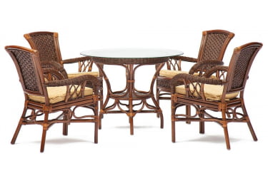 Комплект обеденный АНДРЕА ( стол со стеклом + 4 кресла + подушки) Пекан Вашед (античн. орех), Ткань рубчик, цвет кремовый / ANDREA Pecan Washed