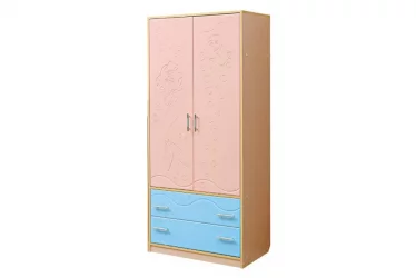 Шкаф 2-дверный Юниор-12.2 МДФ глянец Дуб молочный/Розовый металлик/Голубой металлик