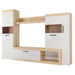 Современная стенка в гостиную Бастон Дуб вотан/Белый глянец