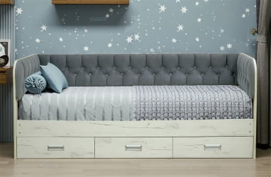 Кровать с продольной мягкой спинкой Софа №14.1 (900х2000) Ясень Анкор светлый Велюр 001