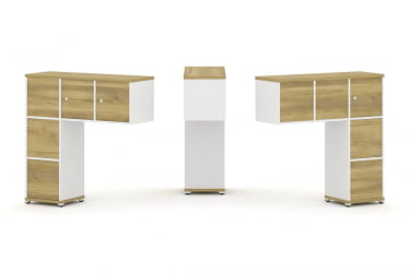 Надставка на стол низкая двухсторонняя + задняя стенка (5 шт.) + блок с 1-м ящиком (2 шт.) + распашной фасад (3 шт.) CОНCЕПТ CН.ДНН-006 Дуб Винченцо Белый бриллиант Белый металл / CONCEPT CN.DNN-006