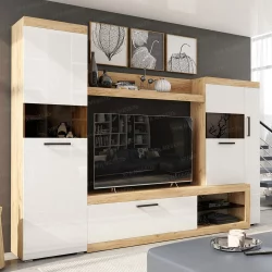 Современная стенка в гостиную Бастон Дуб вотан/Белый глянец