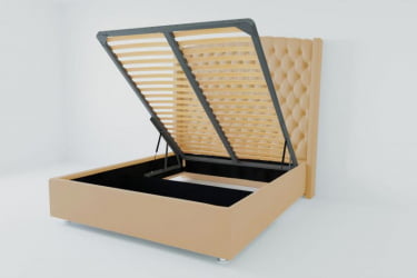 Мягкая интерьерная кровать &куот;Берлин Люкс&куот; с подъемным механизмом Материал фасада: Искусственная кожа; Спальное место: 2000х2000 мм; Цвет фасада: Бежевый; Цвет корпуса: Бежевый / "Берлин Люкс"