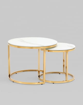 Журнальный столик Селена 60 и 45 см стекло Белый мрамор сталь золото_5