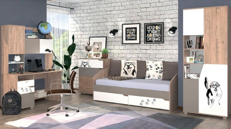 Комплект мебели для комнаты подростка Хаски №01 Дуб Ирландский Мокко Белый_0