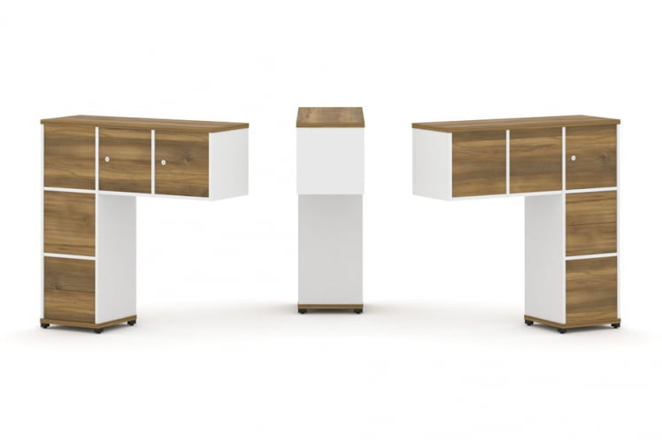 Надставка на стол низкая двухсторонняя + задняя стенка (5 шт.) + блок с 2-мя ящиками (2 шт.) + распашной фасад (3 шт.) CОНCЕПТ CН.ДНН-005 Сандал Янтарный Белый бриллиант Черный металл / CONCEPT CN.DNN-005_0