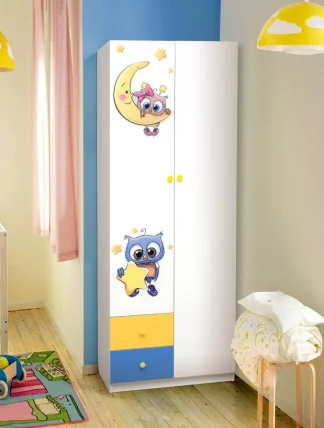 Шкаф 2-х дверный комбинированный с ящиками, зеркалом и фотопечатью Совята 2.1 Белый/Лайм/Синий_0