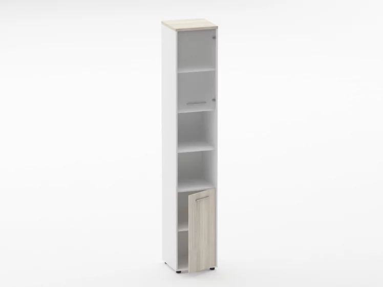 Шкаф 5 узкий верх стеклянная дверь, низ закрытый, две полки открытые Дека 10.23.19Пр Дуб Сантана светлый/Белый / Deka_1