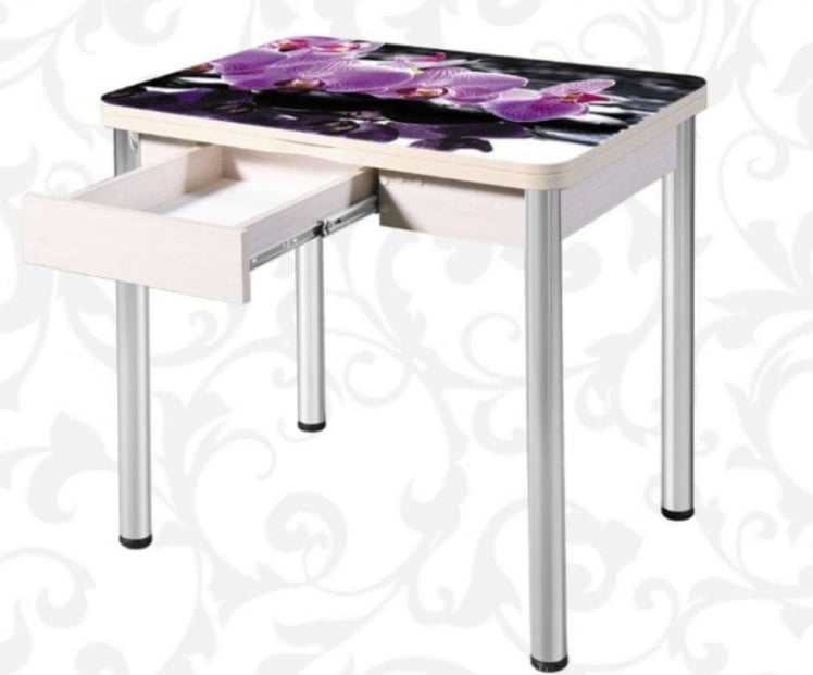 Стол поворотно-раскладной 1,2 Ника с ящиком СТЕКЛО, опоры Д50 круглые ХРОМ, Беленый дуб/Р045 / D50 дуб/R045_1