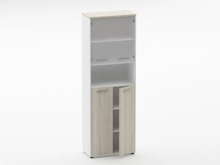 Шкаф 5 широкий  верх стеклянная дверь, низ закрытый, с нишей Дека 10.23.201 Дуб Сантана светлый/Белый / Deka_1