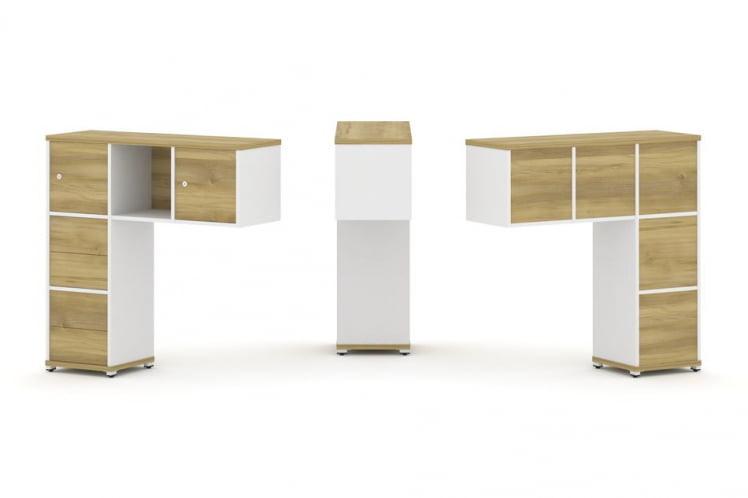 Надставка на стол низкая односторонняя + задняя стенка (5шт.) + блок с 2-мя ящиками (2шт.) + распашной фасад (2 шт.) CОНCЕПТ CН.ОНН-004 Дуб Винченцо Белый бриллиант Белый металл / CONCEPT CN.ONN-004_0