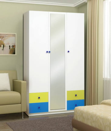 Шкаф 3-х дверный с ящиками и зеркалом Радуга Белый/Оранжевый/Лайм_0