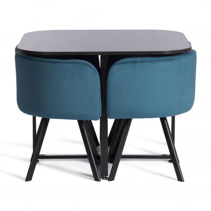 Комплект (стол, 4 стула) КУАДРОН (мод. ПТ14) Стол: МДФ/металл, стул: металл/велюр, 100х100х73 см, 69х56х71 см, Блуе (синий) ХЛР62/черный / QUADRON (mod. PT14) Blue HLR62/черный_0