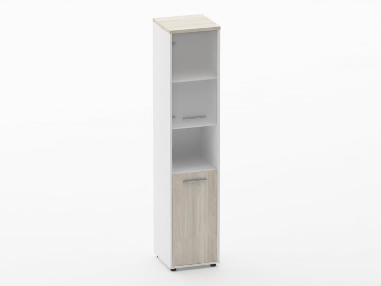 Шкаф 4 узкий верх стеклянная дверь, низ закрытый, с нишей Дека 10.19.18Л Дуб Сантана светлый/Белый / Deka_0