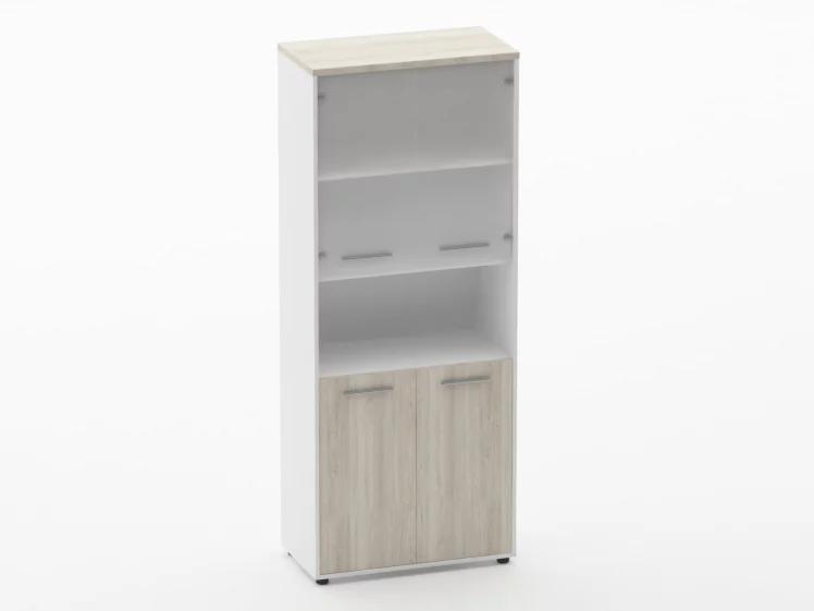 Шкаф 4 широкий верх стеклянные двери, низ закрытый, с нишей Дека 10.19.181 Дуб Сантана светлый/Белый / Deka_0