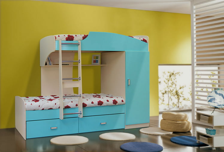 Кровать 2х ярусная №1 с ящиками и шкафом Дуб молочный/Морская волна_0