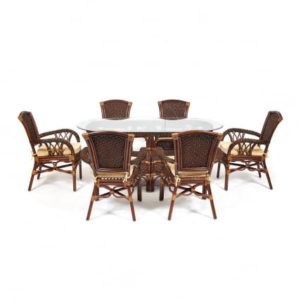 Комплект обеденный АНДРЕА ГРАНД (стол со стеклом+6 кресел+ подушки) Пекан Вашед (античн. орех), Ткань рубчик, цвет кремовый / ANDREA GRAND Pecan Washed_2