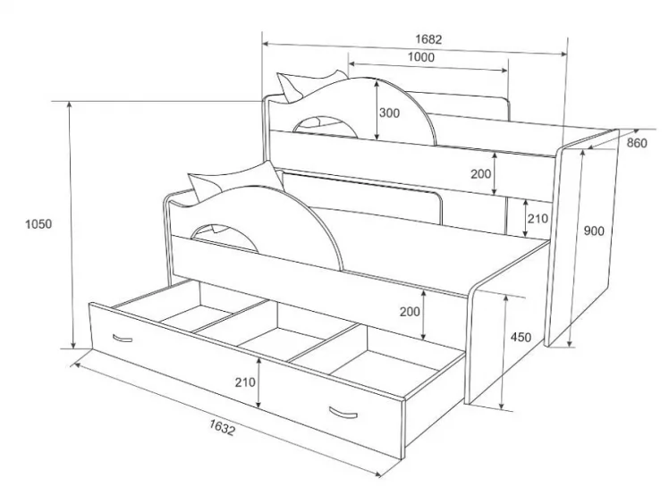 Кровать выкатная двухъярусная РАДУГА Без ящика Дуб млечный / Зелёный_2