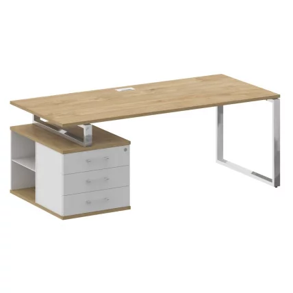 Стол руководителя с опорной тумбой , левый СХИФТ СК.СРТ-200 (Л) Тиквуд Светлый/Белый Бриллиант / SHIFT SK.SRT-200 (L)_0