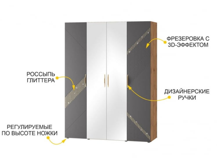 Шкаф четырехдверный с зеркалом (лев/прав) Монако 902.14 Дуб Вотан Графит_2