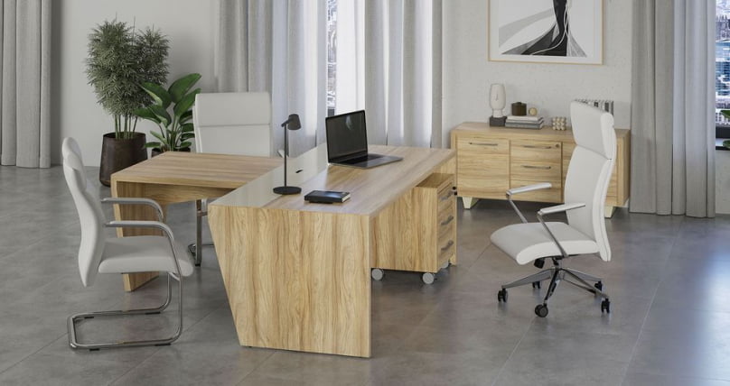 Стол руководителя с опорной тумбой, правый Корнер CОР.СРТ-18(Р) Гикори Песочный Ваниль / Corner COR.SRT-18(R)_2