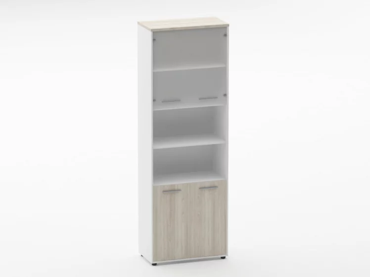 Шкаф 5 широкий верх стеклянная дверь, низ закрытый, две полки открытые Дека 10.23.191 Дуб Сантана светлый/Белый / Deka_0