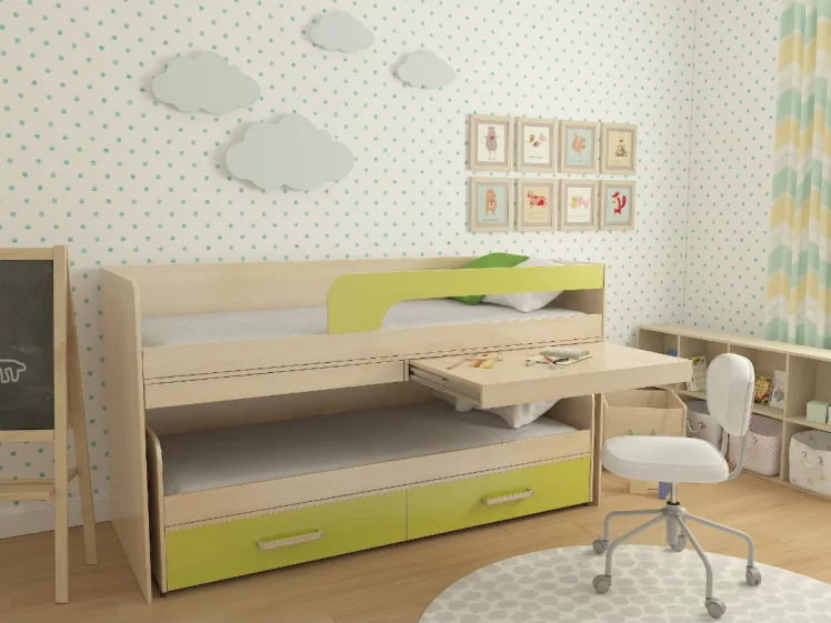 Кровать 2х ярусная №11 с ящиками и столами Дуб молочный/Лайм_0
