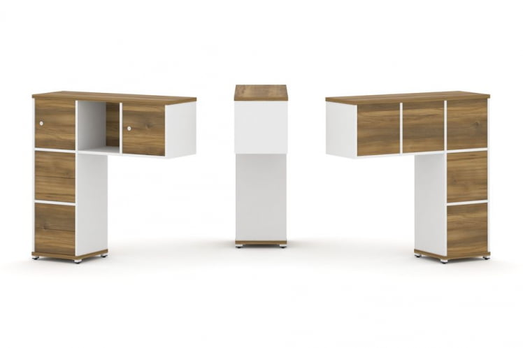 Надставка на стол низкая односторонняя + задняя стенка (5шт.) + блок с 2-мя ящиками (2шт.) + распашной фасад (2 шт.) CОНCЕПТ CН.ОНН-004 Сандал Янтарный  Белый бриллиант Белый металл / CONCEPT CN.ONN-004_0