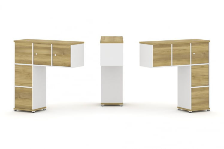 Надставка на стол низкая двухсторонняя + задняя стенка (5 шт.) + блок с 2-мя ящиками (2 шт.) + распашной фасад (3 шт.) CОНCЕПТ CН.ДНН-005 Дуб Винченцо Белый бриллиант Белый металл / CONCEPT CN.DNN-005_0