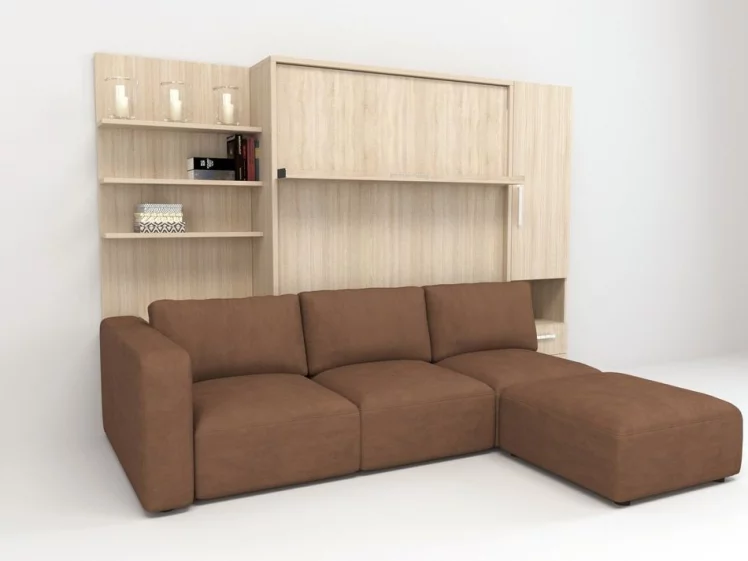 Шкаф-диван-кровать Смарт 1 правый с полкой и пуфом 1600 Белая шагрень_0