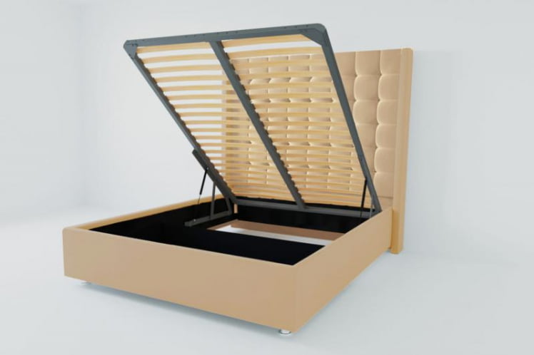 Мягкая интерьерная кровать &куот;Венеция Люкс&куот; с подъемным механизмом Материал фасада: Искусственная кожа; Спальное место: 2000х2000 мм; Цвет фасада: Бежевый; Цвет корпуса: Бежевый / "Венеция Люкс"_0