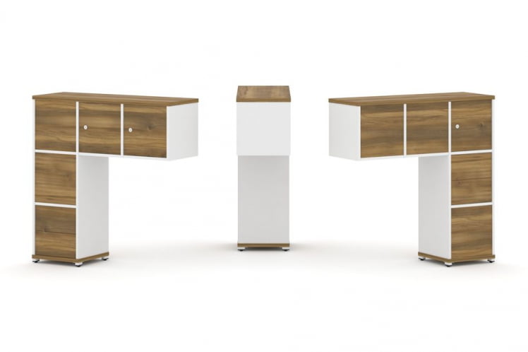 Надставка на стол низкая двухсторонняя + задняя стенка (5 шт.) + блок с 2-мя ящиками (2 шт.) + распашной фасад (3 шт.) CОНCЕПТ CН.ДНН-005 Сандал Янтарный Белый бриллиант Белый металл / CONCEPT CN.DNN-005_0